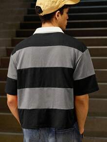 SWAVVY Men's Striped Short Sleeve Casual Commuter Polo Shirt - Black - View 3