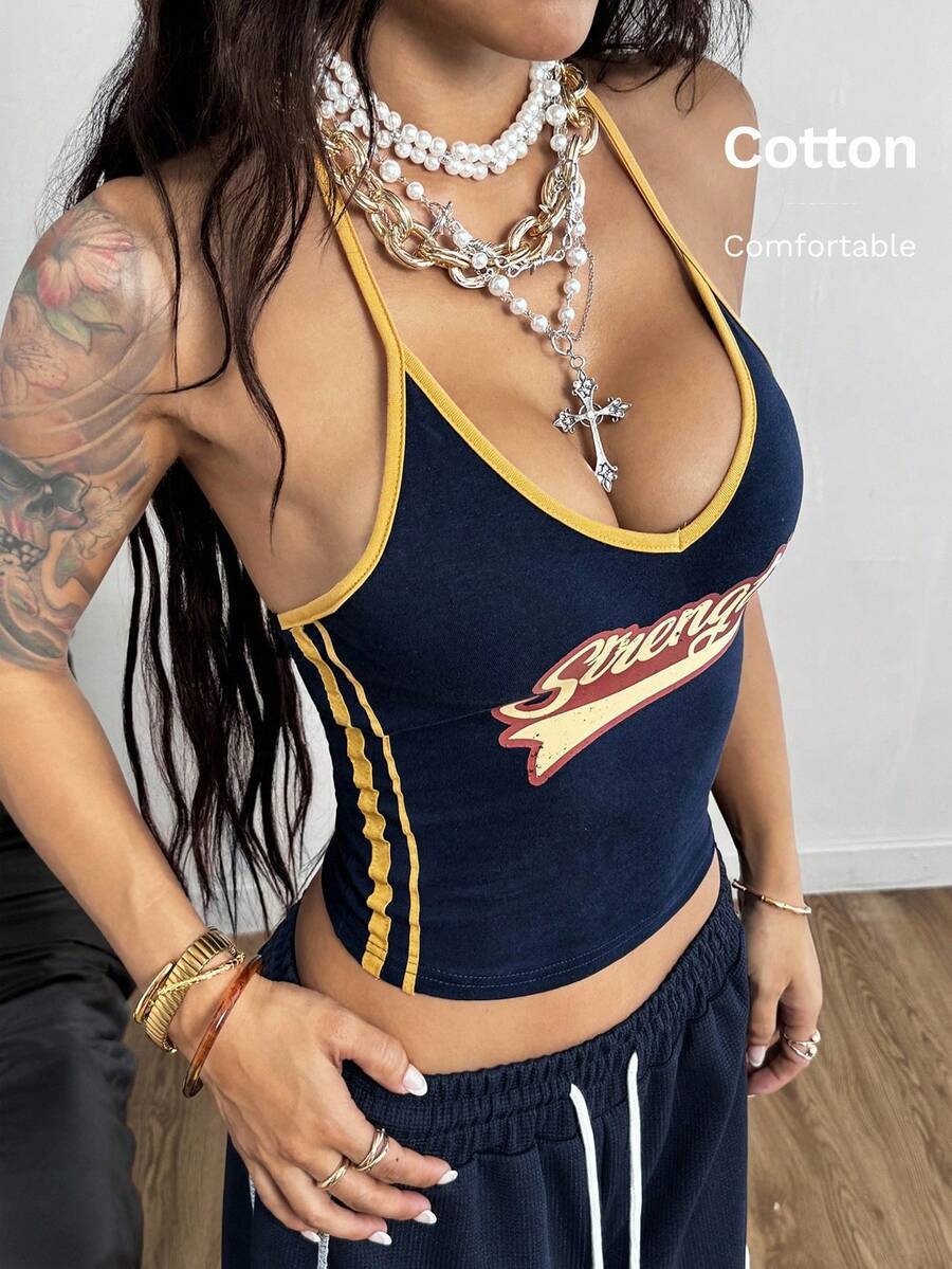 Coolane Top deportivo sin espalda de mujer en azul y color de contraste - Azul Marino - Ver 1