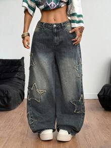 Coolane Women's Winter/All-Season Streetwear  Hippie   Music Festival Party Casual Preppy Vintage Basic Star Patched Dirty Washed Comfortable Baggy  Jeans - Navy Blue - View 4