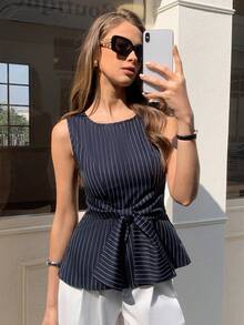 女士优雅无袖夏季背心采用编织面料 - 藏蓝色 - 查看 5