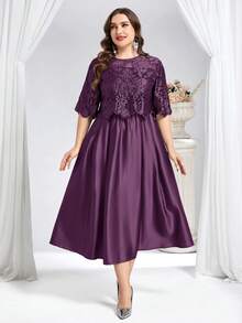 Reflora Plus Size Women Crew Neck Short Sleeve Jacquard Elegant Dress - Purple - View 3