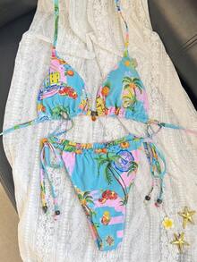 Swim Mod 2件套女士随机印花细肩带系带性感比基尼套装，夏季 - 彩色 - 查看 3