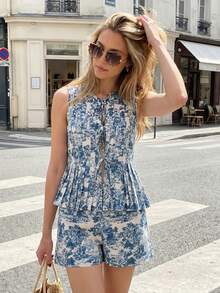 Pariaura 女式休闲蓝白印花无袖两件套紧身套装