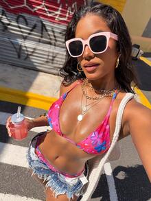 Vaytide 2pcs/Set New Ditsy Floral Halter Triangle Sexy Bikini Swimsuit Set, Women Holiday Style For Summer Beach Vacation - Multicolor - View 5