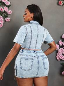 Slaydiva Plus Size Women's Short Sleeve Cutout Design Cropped Sexy Denim Jacket - Light Wash - View 2