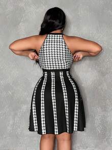 Slaydiva 大码女装春夏新款吊带千鸟格拼接单排扣时尚别致约会派对连衣裙 曲线加大码连衣裙 千鸟格连衣裙 - 黑與白 - 查看 8