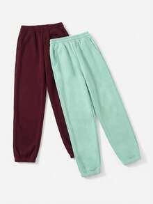 2 Pcs Elastic Waist Drawstring Sweatpants With Slanted Pockets - Multicolor - View 2