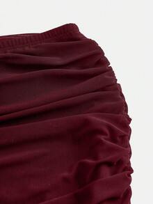 SHEIN Girlism 少女休闲纯色侧褶皱短款迷你裙 - 酒紅色 - 查看 3