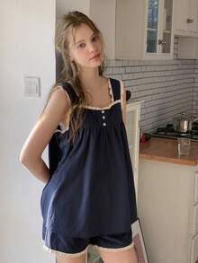 DAZY 少女极简无袖春季家居服 - 藏蓝色 - 查看 4