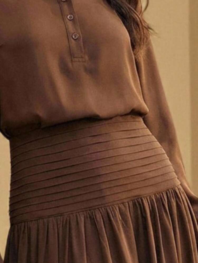 Women's Waist-Cinching Elegant Long Sleeve Shirt Dress, Chiffon Pleated Asymmetrical Hem, Draping, Casual Long Dress