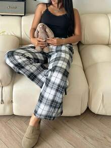 Teen Girl Lace Patchwork Camisole And Plaid Wide Leg Pants Casual Loungewear Set - Black - View 3