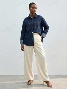 Maija 女士纯色休闲长袖牛仔衬衫 - 深色水洗藍 - 查看 1