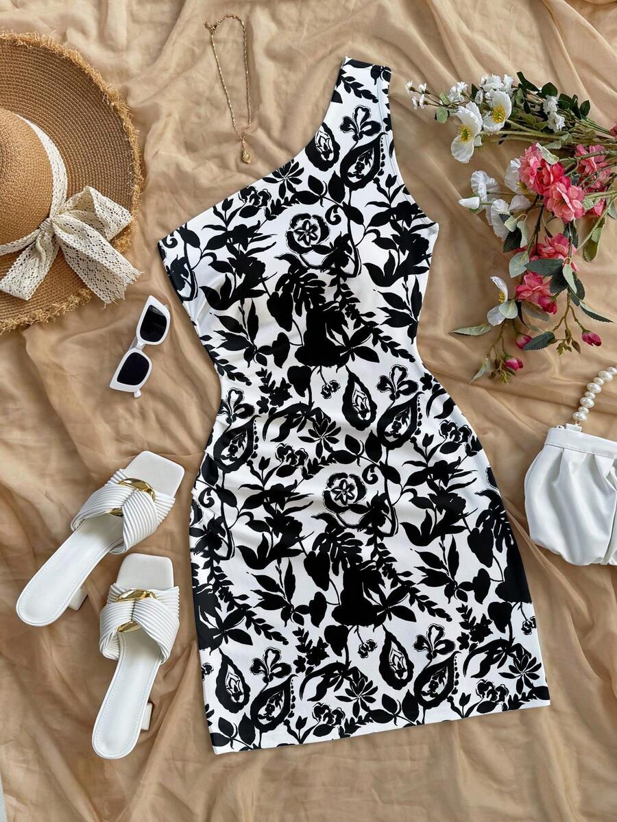 SHEIN SXY Women's Contrast Color Print Asymmetrical Shoulder Mini Dress - Black and White - View 1