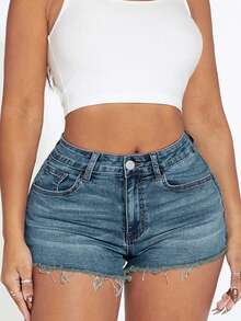 Slaydiva Plus Size Women's Pocket Frayed Hem Skinny Casual Denim Shorts - Light Wash - View 3