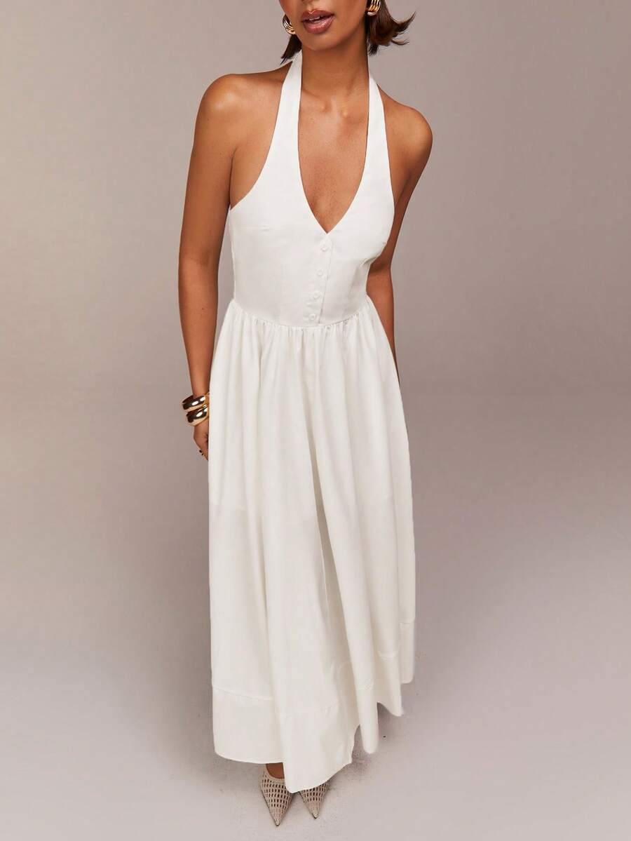 COSMINA V-Neck Design Elegant Women's Dress, Suitable For Dates, Valentine's Day, Parties, Weddings, Wedding Guests, Summer, White - White - View 1