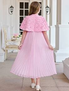 SHEIN Tween Girl Knit Contrast Mesh Overlay Dress - Pink - View 3