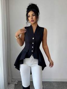 Elenzga Áo khoác nữ dáng thường, cổ chữ V, không tay, màu đen trơn, đa năng, thanh lịch và thời trang, eo thắt chặt, dáng chữ A, viền bất đối xứng, viền loe - màu đen - Xem 5