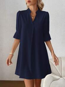 SHEIN Clasi Vestido suelto de mujer con cuello en V y mangas con volantes de unicolor - Azul Marino - Ver 5