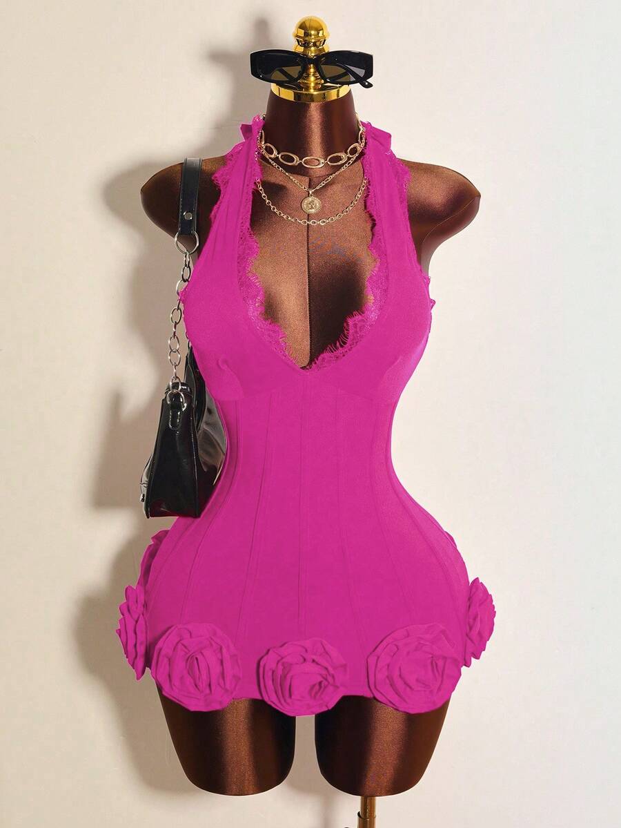 Mistrie Women's Solid Color Contrast Lace Deep V-Neck Floral Decor Sexy Halter Dress - Hot Pink - View 1
