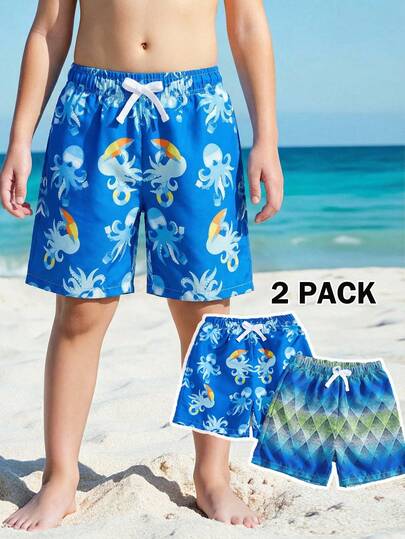 SHEIN 2件套男童休闲舒适时尚简约实用可爱柔软透气短裤，适合度假、日常、上学、旅行、运动、春夏季男童泳装