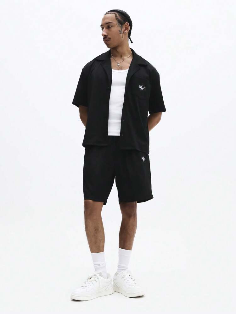 SUMWON Classic Button Front Short Sleeve Shirt And Drawstring Shorts Co-Ord Set With Embroidered Logo Detail Summer Casual Lounge Wear