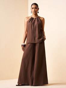 Zivah 2026 Spring/Summer New  Casual Vacation Commuter Textured Fabric Loose Brown Round Neck Beaded Sleeveless Vest + Wide-Leg Pant Women Two Pieces Set.Suitable For Everyday Outings, Party, Travel, Parties, Boho , Beach, Airport Outfits, Brunch Outfits, Festivals, And Wedding Guest Attire-,Vacation-A - Brown - View 6