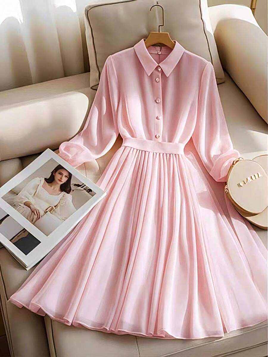 GlowEve Light Pink Collared Waist-Cinched Pleated Hem Long Sleeve Chiffon Dress - Baby Pink - View 1