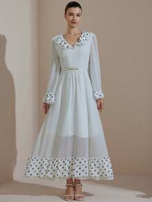 Aveloria Rosie New Arrival Cute & Sweet Ruffle Trim Elegant Polka Dot V-Neck Long Sleeve Dress - Multicolor - View 6