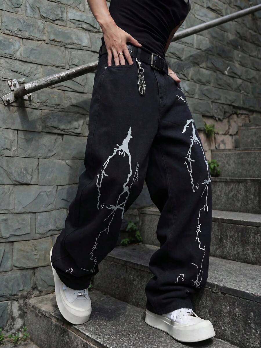 Manfinity EMRG Loose Men's Lightning Print Wide Leg Jeans - Black - View 1