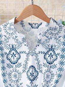 Teen Girls Blue & White Patterned Maxi Dress,Autumn Casual Vacation Breathable Fashion - Multicolor - View 4