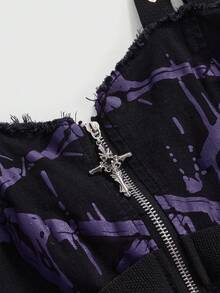ROMWE Goth 哥特式五芒星流体印花金属铆钉眼孔设计修身牛仔背心 - 彩色 - 查看 3
