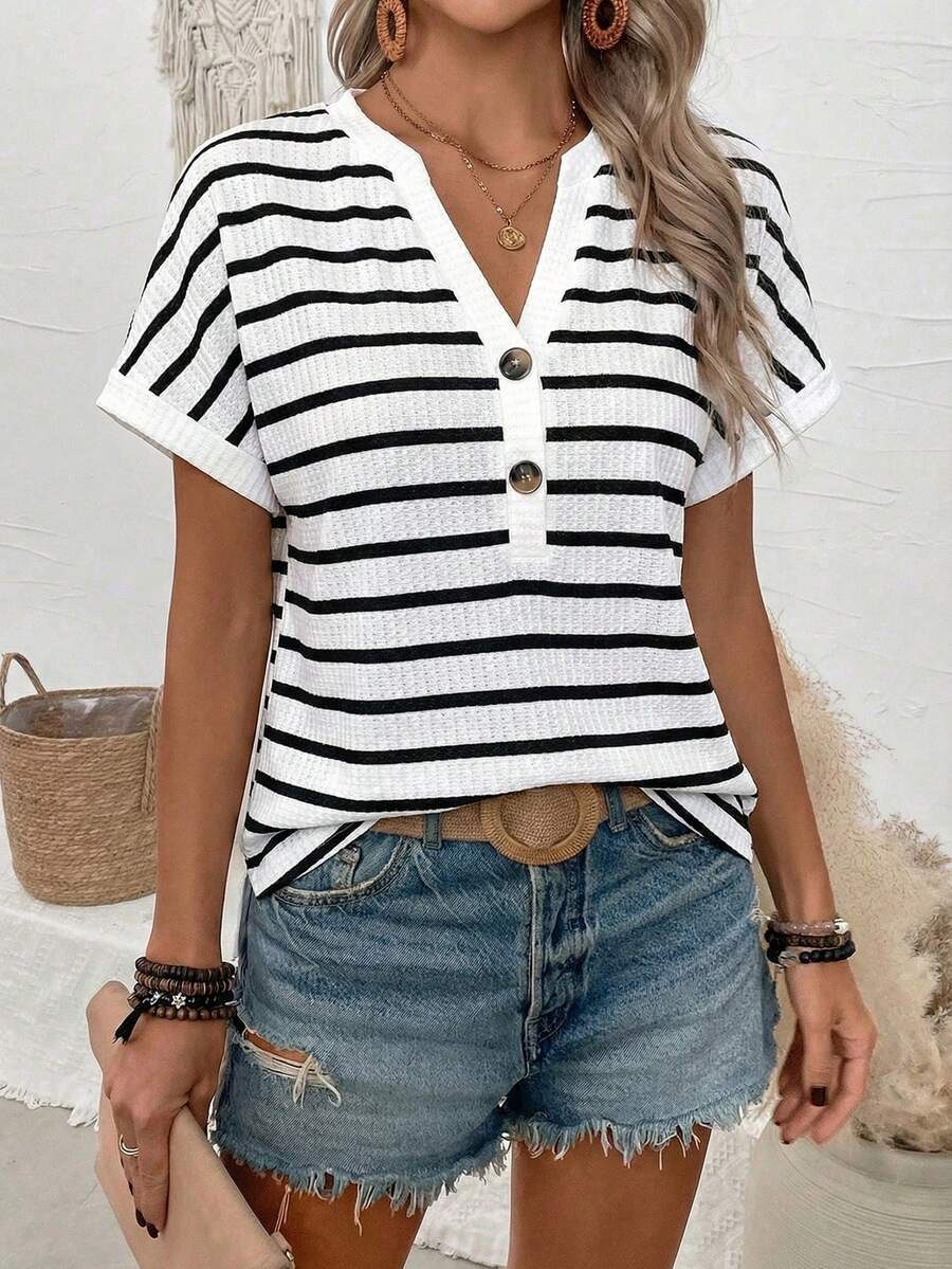 EMERY ROSE Summer Casual Striped Notched Neck Short Sleeve T-Shirt - Multicolor - View 1