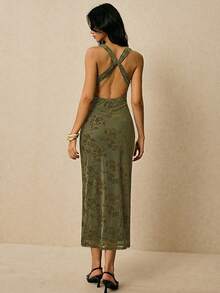 Poéselle Women's Floral Print Backless Criss-Cross Design Sexy Spaghetti Strap Fitted Dress - Army Green - View 2