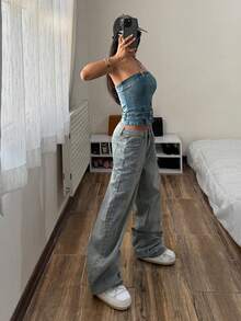 StreetHx 时尚休闲复古街头风牛仔抹胸上衣 - 中等水洗藍 - 查看 5