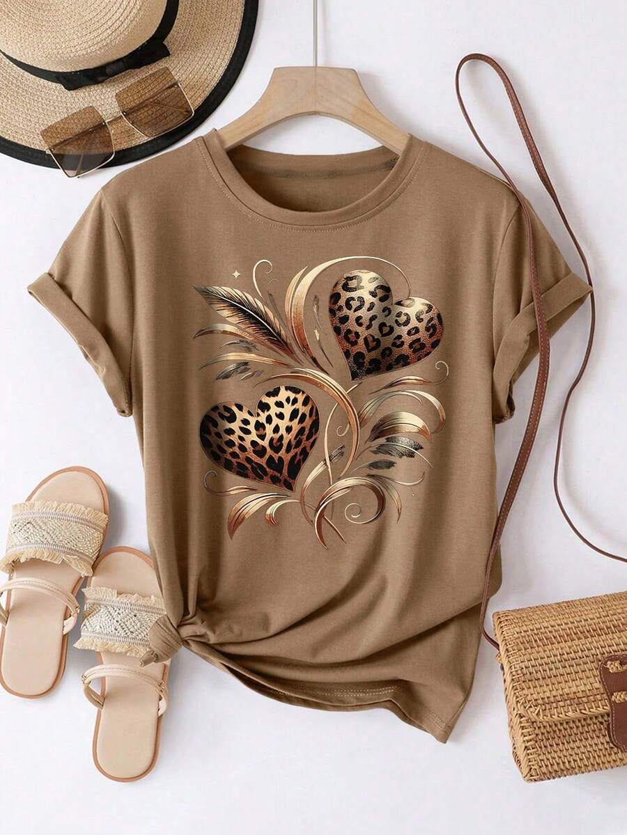 EMERY ROSE Plus Size Women Casual Sunflower & Leopard Print Round Neck Short Sleeve T-Shirt