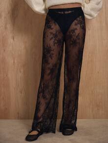 MUSERA High Waisted Flared Lace Trousers Coord Bottoms Only Winter NewYear Cute Sexy Going Out Evening Party Accented - Black - View 2