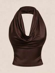 Modelyn Khaki Off-Shoulder, Asymmetrical Shoulder And Halter Versatile Fitted Elegant Sexy Tank Top, Suitable For Spring And Summer Brown Swimsuit Top Brown Bathing Suit Women Brown Tops Brown Two Piece Set Women Dark Brown Top - Apricot - View 7