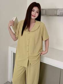 Dazy Plus Plus Size Women Solid Color Short Sleeve Single-Breasted Top And Pants Pajama Set - Yellow - View 6