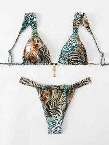Elavelle 女士性感豹纹斑马纹比基尼泳衣套装，夏季海滩 - 彩色 - 查看 4