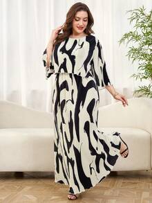 Reflora 大码女式印花圆领七分袖休闲宽松连衣裙 - 黑與白 - 查看 5