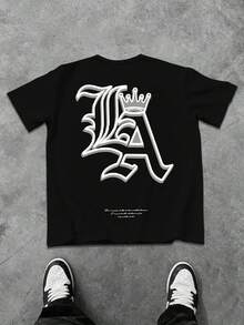 Manfinity LEGND Plus Size Men's Letter Print Round Neck Short Sleeve Casual Versatile T-Shirt Los Angeles T-Shirt - Black - View 3