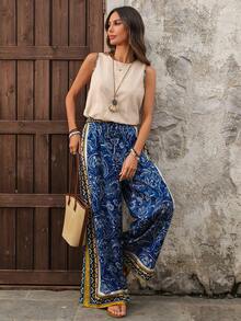 EMERY ROSE Women's Beige Summer Boho Vacation Holiday Cotton 2 Pieces Set,Contrast Trim Camisole And Floral Print Wide Leg Palazzo Pants,Casual Beach Outfits - Multicolor - View 6