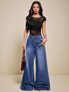 SHEIN PETITE 女士撞色蕾丝连体衣，短袖设计，修身性感 - 黑色 - 查看 5