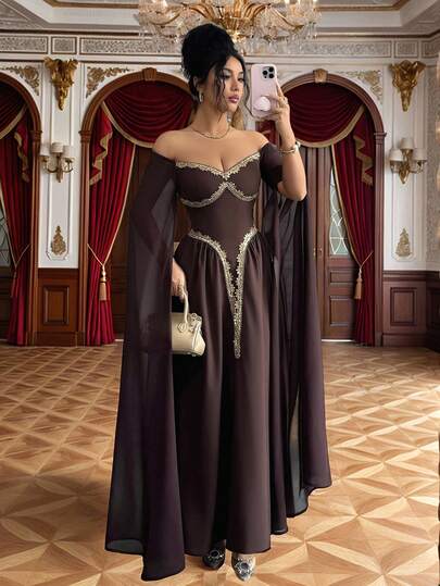 Rafferiza 优雅中东风情棕色超长高开衩喇叭袖金色异域风情花卉蕾丝饰边露肩露背A字连衣裙，女士