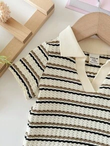 SHEIN 女婴条纹休闲Polo衫，百搭可爱，杏色 - 彩色 - 查看 3