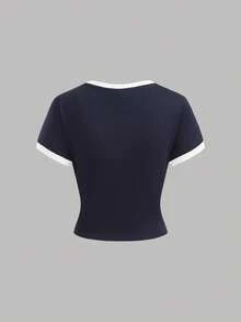 SHEIN Girlism Kids Teen Girls' Navy Blue 2 Piece Set,Sporty Streetwear Summer Retro Short Sleeve T-Shirt And Loose Wide Leg Pants,Back-To-School Graduation Outfit - Blue and White - View 7