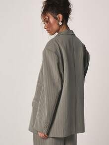 MISSGUIDED Oversized Pinstripe Blazer With Classic Lapels And Button Closure For Office Business Professional Work Formal Occasions Fall Winter Autumn - Grey - View 2