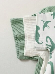 SHEIN 3pcs Infant Boys' Casual Ribbed Romper Set, Suitable For Everyday Wear, Summer - Green - View 4
