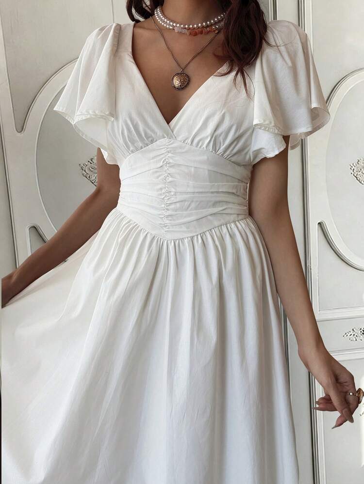 Women's Solid Color Deep V-Neck Ruched Elegant Long Sleeve Dress Maxi Dress Sundress
