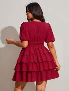 Viva Relle 大码女士优雅纯色V领泡泡袖荷叶边下摆休闲连衣裙，适合度假、海滩、约会、派对、音乐节、春夏穿着，百搭设计 - 酒紅色 - 查看 2